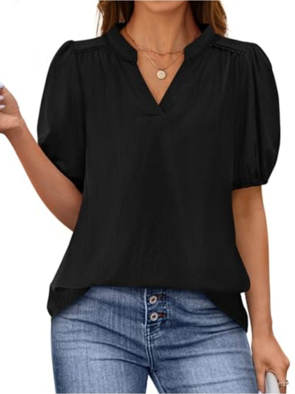 Womens 100% Cotton V-Neck Puff Sleeve Pleated Loose Tunic Top Casual Summer